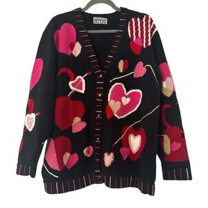 Berek2 Vintage Cotton Knit Oversized Hearts Valentines Cardigan in Black L